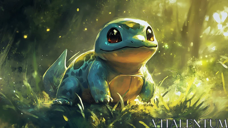 Cute blue creature sits in glowing forest clearing scene.