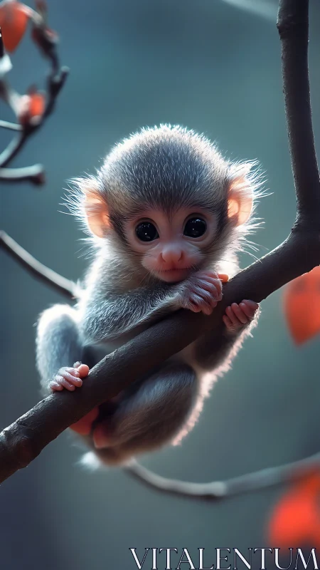 Juvenile monkey on tree branch in soft forest lighting.
