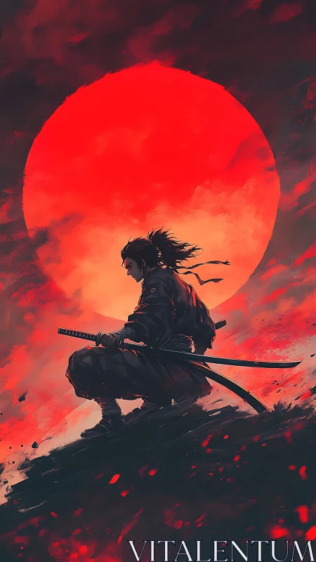 Samurai silhouette crouches before oversized red sun disk