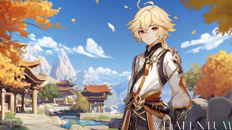 Golden-haired anime hero stands in serene autumn village