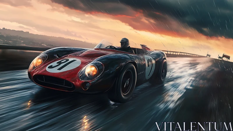 Vintage race car accelerates on wet track under storm sky