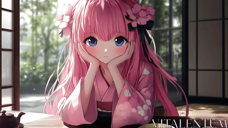 Pink haired anime girl in kimono at sunlit tea table.
