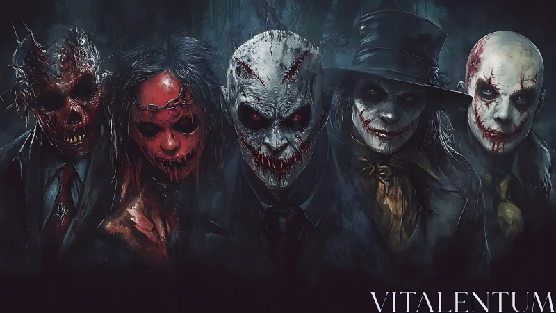 Grotesque masked figures in dark horror group portrait.