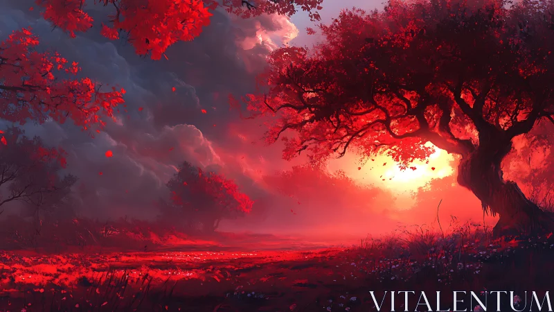 Red forest sunset with dramatic glowing sky and trees.