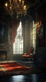 Baroque salon glows under chandeliers and tall windows.