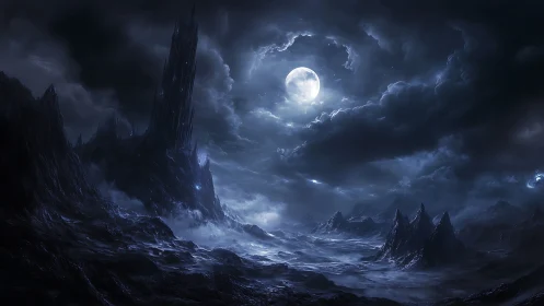 Moonlit fortress above a storm-swept alien wasteland.