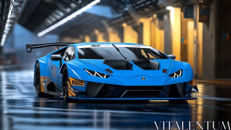 Blue GT race car under pit lane lights on wet track.