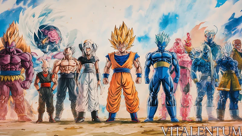 Anime warriors assemble in vibrant power-charged lineup.