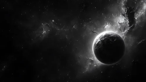 Dark planet drifts through monochrome nebula light