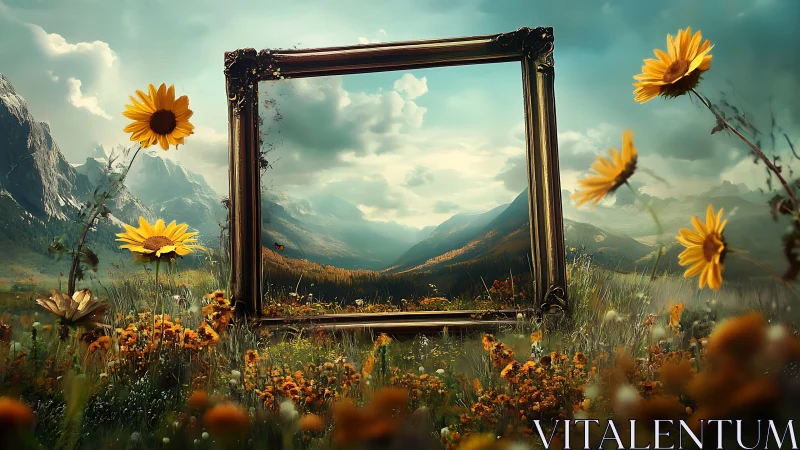 Framed alpine valley landscape merges with wildflower meadow