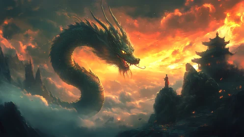 Serpentine dragon confronts lone figure over misty mountains