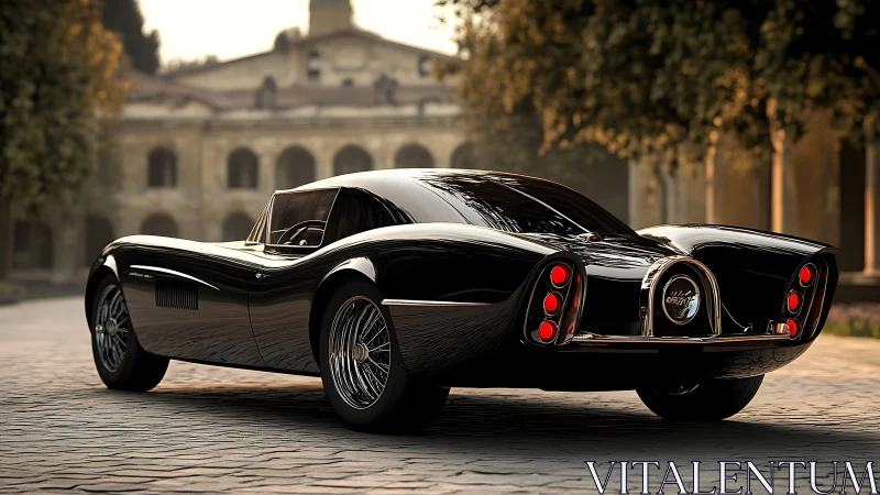 Sleek black retro supercar glows against a grand villa courtyard