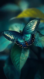Teal butterfly resting on leaf in soft blurred foliage.
