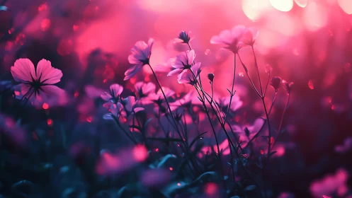 Field of pink flowers rendered with atmospheric bokeh and depth blur