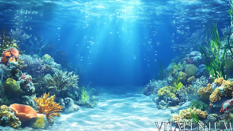 Sunlit coral reef seafloor with varied marine vegetation.