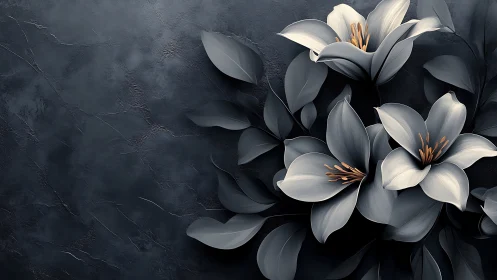 White lilies bloom against dark textured stone.