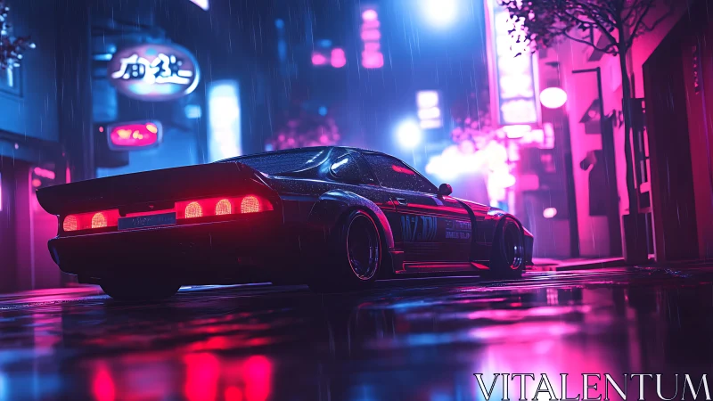 Neon sports car on wet city street at night in rain.