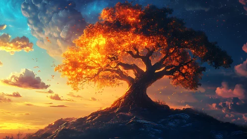 Solitary hillside tree under dual sky at sunset and night.