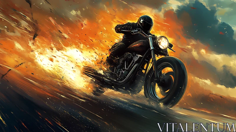 Motorcycle rider accelerates through flaming cinematic stormfield