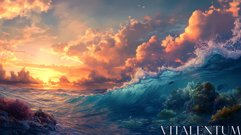 Glowing ocean sunset embracing coral reefs and rolling waves.