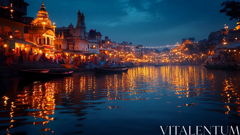 Riverside ghats glow under blue hour festival lantern skies.
