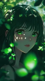 Forest-lit anime girl with emerald eyes in soft bokeh glow.