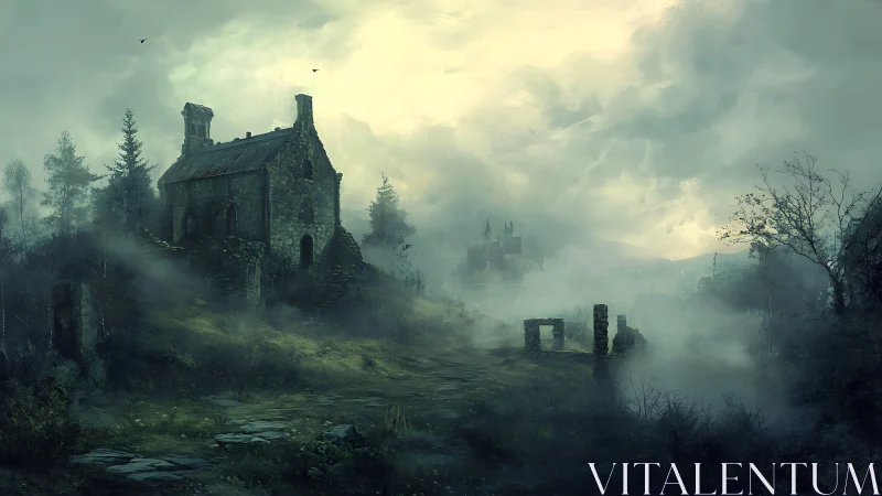 Fog-laced chapel road toward a slumbering hilltop fortress.