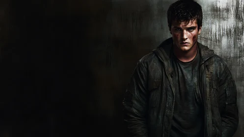 Battle-worn young man stands against dark industrial wall