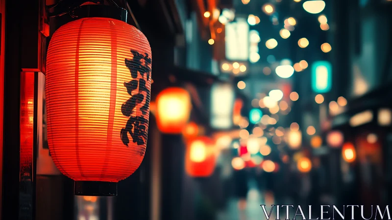 Red paper lantern hangs in sharp focus beside blurred alley
