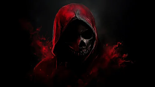 Digital painting of hooded crimson skull in chiaroscuro focus.