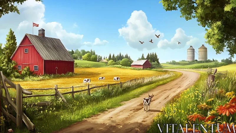 Sunny rural farm landscape with red barn and dirt road.