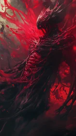 Demonic entity dissolves into visceral crimson energy