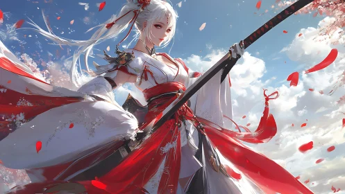 Skyborn blossom samurai poised in scarlet windstorm.