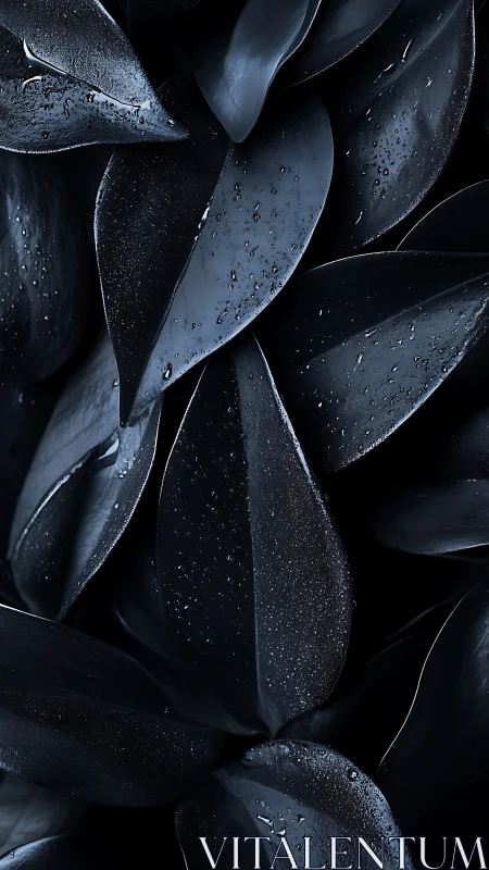 Midnight foliage glistens with dewy droplets in soft light