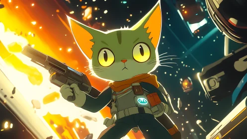 Space cat hero holds blaster amid bright explosion.