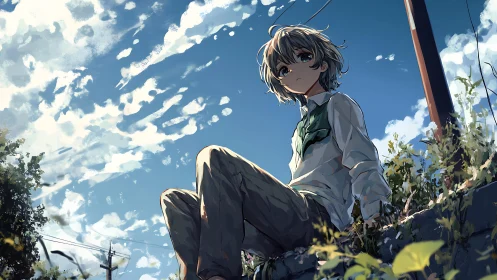Solitary anime student under vivid summer sky at dusk.