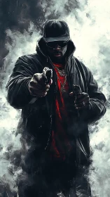 Hooded figure with dual handguns in smoky digital artwork.
