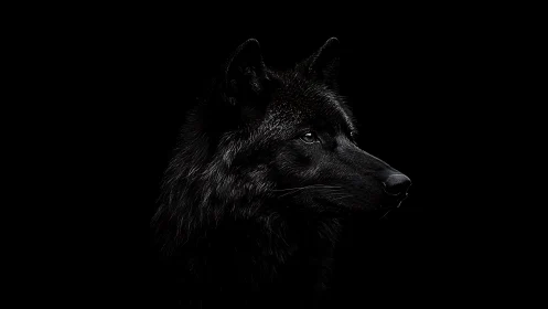 Midnight black wolf portrait in dramatic low key light.