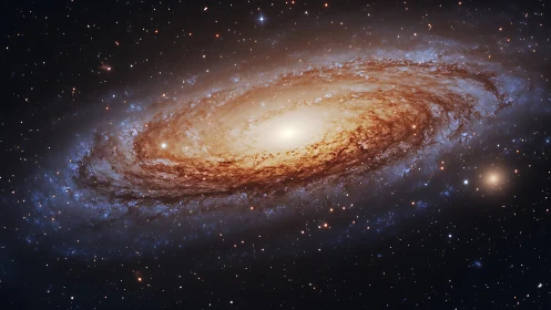 Spiral galaxy with dense bright core and star field backdrop.