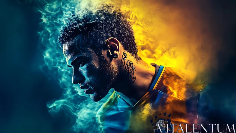 Focused footballer emerges through electric smoke and light
