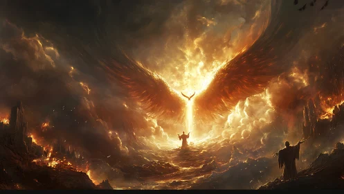 Blazing angelic wings rise over a storm of fire and light