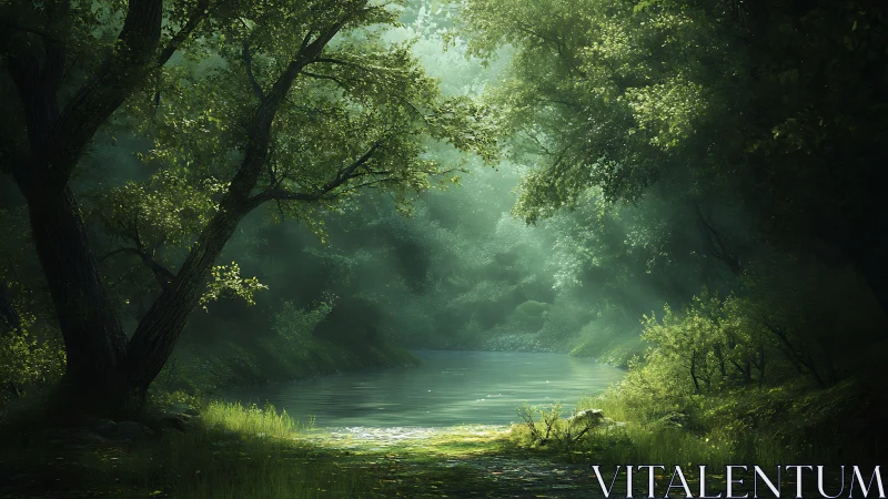 Forest Stream with Mature Trees and Filtered Canopy Light