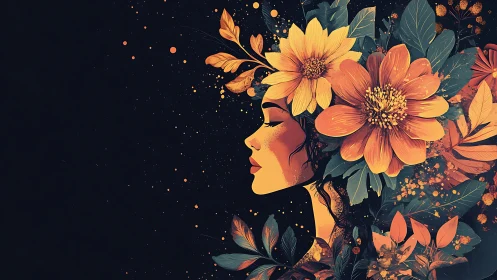 Profile Portrait with Floral Crown and Cosmic Background.