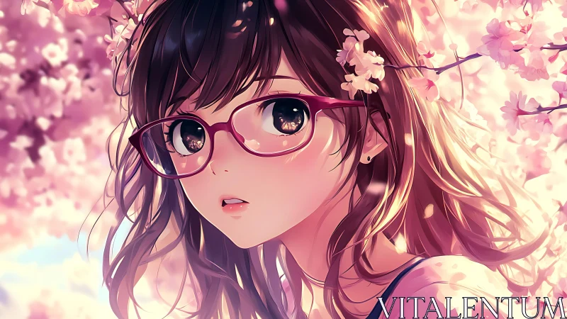 Girl with red glasses among pink cherry blossoms looks back