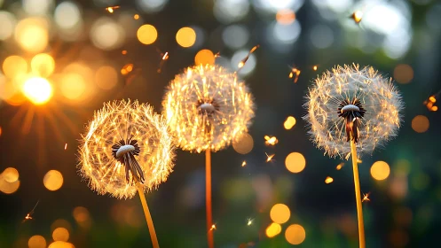 Sunlit dandelion seed heads glow against warm bokeh orbs