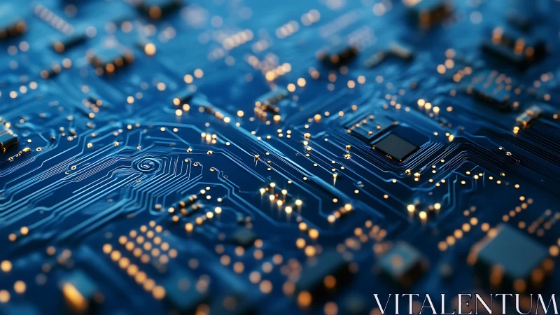 Macro detail of illuminated blue PCB traces and solder pads