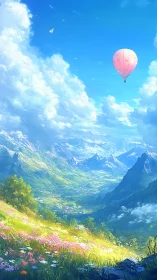 Hot air balloon above alpine valley with atmospheric depth cues