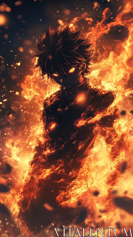 Fiery anime figure with glowing eyes in engulfing flames.