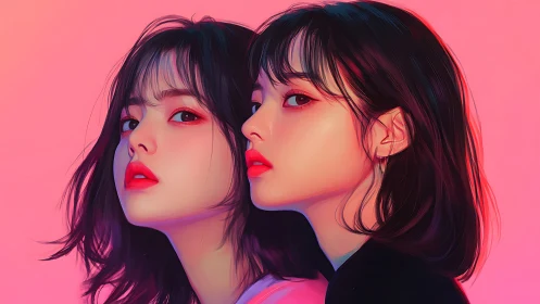 Dual portrait of mirrored women in neon gradient glow.