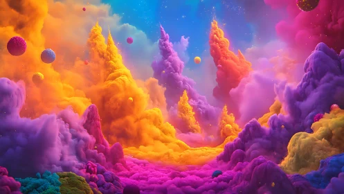 Digital painting of chromatic nebula spires in surreal cloudscape.